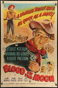 9p130 BLOOD ON THE MOON 1sh '49 art of cowboy Robert Mitchum pointing gun & Barbara Bel Geddes!