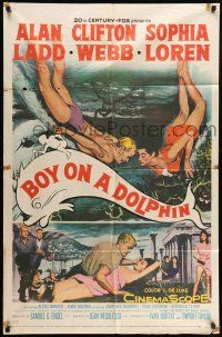 9p144 BOY ON A DOLPHIN 1sh '57 art of Alan Ladd & sexiest Sophia Loren swimming underwater!