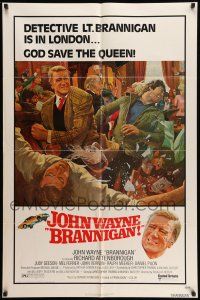 9p145 BRANNIGAN 1sh '75 Douglas Hickox, great McGinnis art of fighting John Wayne in England!