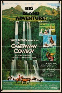 9p181 CASTAWAY COWBOY 1sh '74 Disney, art of James Garner with lasso in Hawaii on horse in water!