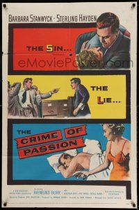 9p228 CRIME OF PASSION 1sh '57 sexy Barbara Stanwyck reaches for gun to shoot Sterling Hayden!