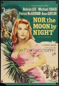9p584 NOR THE MOON BY NIGHT English 1sh '59 art of sexy Belinda Lee & Michael Craig in Africa!