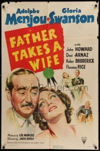 9p300 FATHER TAKES A WIFE style A 1sh '41 great close up art of Gloria Swanson & Adolphe Menjou!