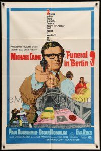 9p345 FUNERAL IN BERLIN 1sh '67 cool art of Michael Caine pointing gun, directed by Guy Hamilton!