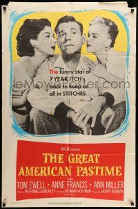 9p368 GREAT AMERICAN PASTIME 1sh '56 baseball, Tom Ewell between Anne Francis & sexy Ann Miller!