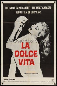 9p466 LA DOLCE VITA 1sh '61 Federico Fellini, close up of sexy Anita Ekberg with kitten!