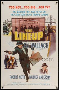 9p484 LINEUP 1sh '58 Don Siegel classic film noir, great image of Eli Wallach running with gun!