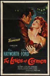 9p501 LOVES OF CARMEN 1sh '48 romantic close up of sexy Rita Hayworth & Glenn Ford!