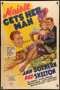 9p511 MAISIE GETS HER MAN 1sh '42 artwork of sexy Ann Sothern & Red Skelton on pile of money!