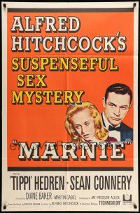 9p525 MARNIE 1sh '64 Sean Connery & Tippi Hedren in Hitchcock's suspenseful sex mystery!
