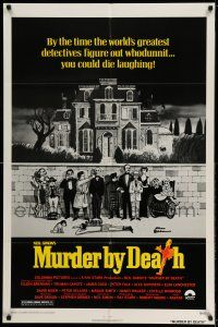 9p561 MURDER BY DEATH 1sh '76 great Charles Addams art of cast by dead body, yellow title design!