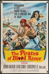9p636 PIRATES OF BLOOD RIVER 1sh '62 great art of buccaneer carrying sexy babe, Hammer!