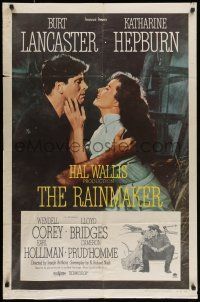 9p662 RAINMAKER 1sh '56 great romantic close up of Burt Lancaster & Katharine Hepburn!