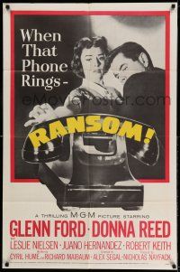 9p663 RANSOM 1sh '56 great image of Glenn Ford & Donna Reed waiting for call from kidnapper!