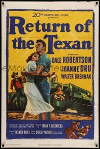 9p674 RETURN OF THE TEXAN 1sh '52 art of Dale Robertson holding Joanne Dru by military jeep!
