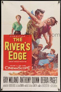 9p682 RIVER'S EDGE 1sh '57 Ray Milland & Anthony Quinn fighting on cliff, Debra Paget