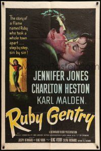 9p694 RUBY GENTRY 1sh '53 art of super sleazy bad girl Jennifer Jones kissing Charlton Heston!