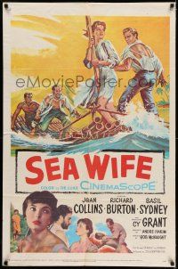 9p719 SEA WIFE 1sh '57 great castaway artwork of sexy Joan Collins & Richard Burton on raft at sea