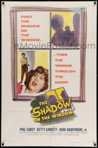 9p734 SHADOW ON THE WINDOW 1sh '57 super close up of Betty Garrett scared for her life!