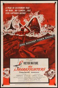 9p736 SHARKFIGHTERS 1sh '56 Victor Mature, cool artwork of man fighting sharks w/knife!