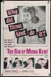 9p750 SIN OF MONA KENT 1sh '61 Johnny Olsen, sexy Sandra Francis in title role!