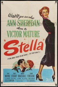 9p789 STELLA 1sh '50 full-length art of sexy Ann Sheridan trying to be good to Victor Mature!