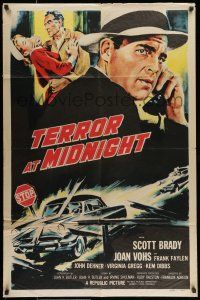 9p832 TERROR AT MIDNIGHT 1sh '56 Scott Brady, Joan Vohs, film noir, cool car crash art!