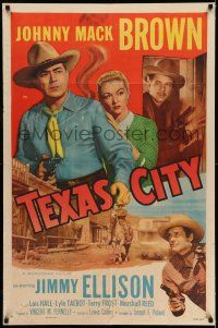 9p833 TEXAS CITY 1sh '52 western action art of Johnny Mack Brown, James Ellison & Lois Hall!