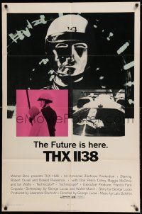9p865 THX 1138 1sh '71 first George Lucas, Robert Duvall, bleak sci-fi, double inset images!