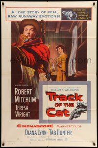 9p893 TRACK OF THE CAT 1sh '54 Robert Mitchum & Teresa Wright in a love story of real emotions!