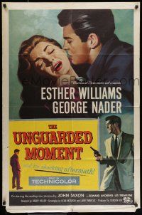 9p920 UNGUARDED MOMENT 1sh '56 close up art of teacher Esther Williams threatened by John Saxon!