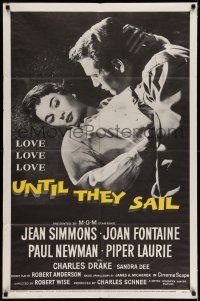 9p924 UNTIL THEY SAIL 1sh '57 great romantic close up of Paul Newman & pretty Jean Simmons!