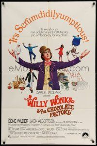 9p980 WILLY WONKA & THE CHOCOLATE FACTORY 1sh '71 Gene Wilder, it's scrumdidilyumptious!