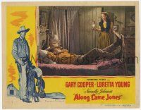 9r551 ALONG CAME JONES LC '45 Loretta Young watches Gary Cooper sleep, Norman Rockwell border art!