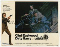 9r644 DIRTY HARRY LC #1 '71 c/u of Clint Eastwood with guy on lift, Don Siegel crime classic!