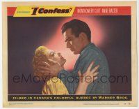 9r751 I CONFESS LC #5 '53 Alfred Hitchcock, best close up of priest Montgomery Clift & Anne Baxter