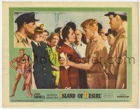 9r760 ISLAND OF DESIRE LC #4 '52 crew watches Sigh Guy Tab Hunter holding concerned Linda Darnell!