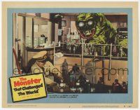 9r813 MONSTER THAT CHALLENGED THE WORLD LC #6 '57 great image of creature attacking man in lab!
