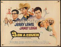 9t004 3 ON A COUCH 1/2sh '66 great image of screwy Jerry Lewis squeezing sexy Janet Leigh!
