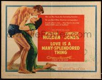 9t251 LOVE IS A MANY-SPLENDORED THING 1/2sh '55 romantic art of William Holden & Jennifer Jones!