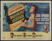 9t258 MAGNIFICENT OBSESSION style B 1/2sh '54 Jane Wyman holding Rock Hudson, Douglas Sirk!