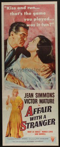 9t435 AFFAIR WITH A STRANGER revised insert '53 great artwork of Jean Simmons, Victor Mature!