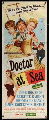 9t545 DOCTOR AT SEA insert '56 wacky art of sailor Dirk Bogarde & sexy Brigitte Bardot!