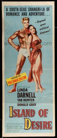 9t632 ISLAND OF DESIRE insert '52 full-length art of sexy Linda Darnell & barechested Tab Hunter!