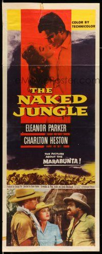 9t702 NAKED JUNGLE insert '54 romantic close up of Charlton Heston & Eleanor Parker about to kiss!