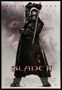 9w090 BLADE II DS 1sh '02 great image of Wesley Snipes in leather coat w/sword!