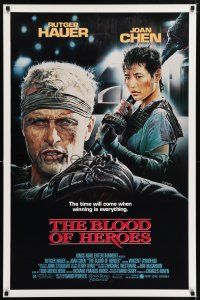 9w094 BLOOD OF HEROES 1sh '90 E. Sciotti artwork of football players Rutger Hauer, Joan Chen!