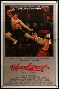 9w096 BLOODSPORT 1sh '88 cool image of Jean Claude Van Damme kicking Bolo Yeung in his huge pecs!