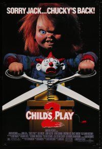 9w129 CHILD'S PLAY 2 DS 1sh '90 great image of Chucky cutting jack-in-the-box with scissors!