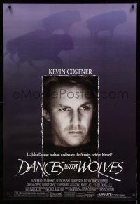 9w162 DANCES WITH WOLVES DS 1sh '90 close portrait of Kevin Costner & running buffalo!